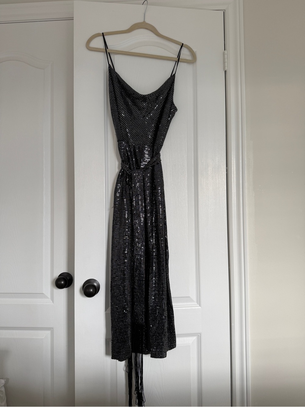 Zara Black Sequin Midi Slip Dress with Tie Waist